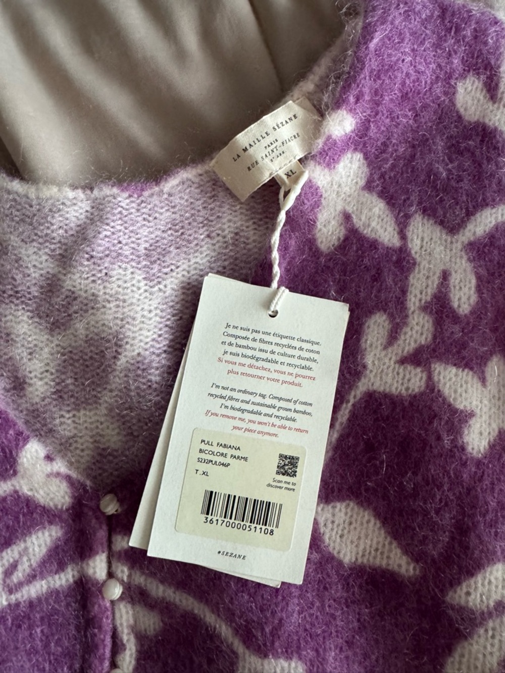 Sezane Purple and Cream Floral Button-Front Cardigan - Picture 2 of 6